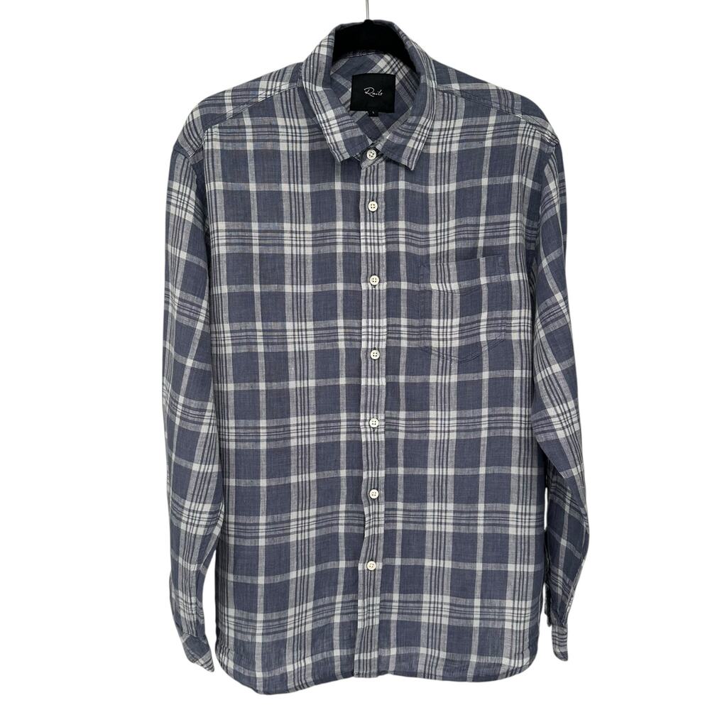 Rails Men's Blue White Plaid Button Down Long Sleeve Linen Shirt Sz Large
